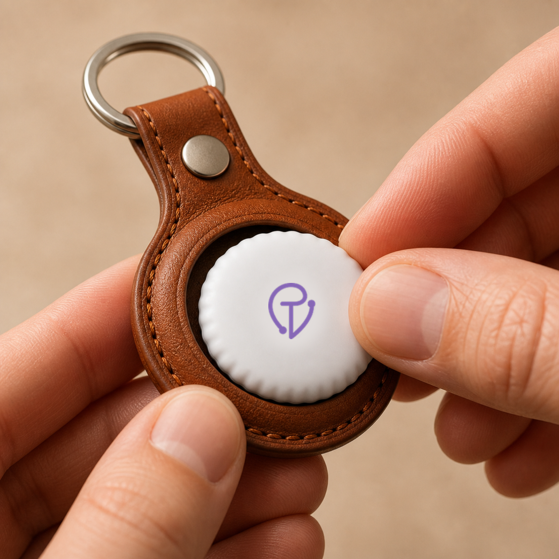 A Tracker Mist disc seated in a leather AirTag-style key-ring case