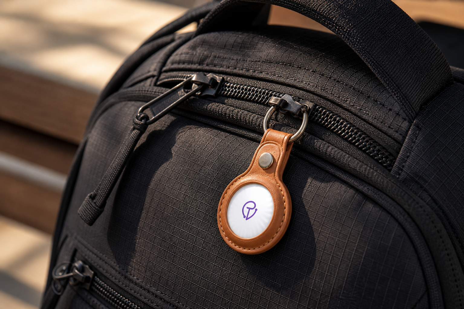 Close-up of a Tracker Mist leather fob on a backpack zipper