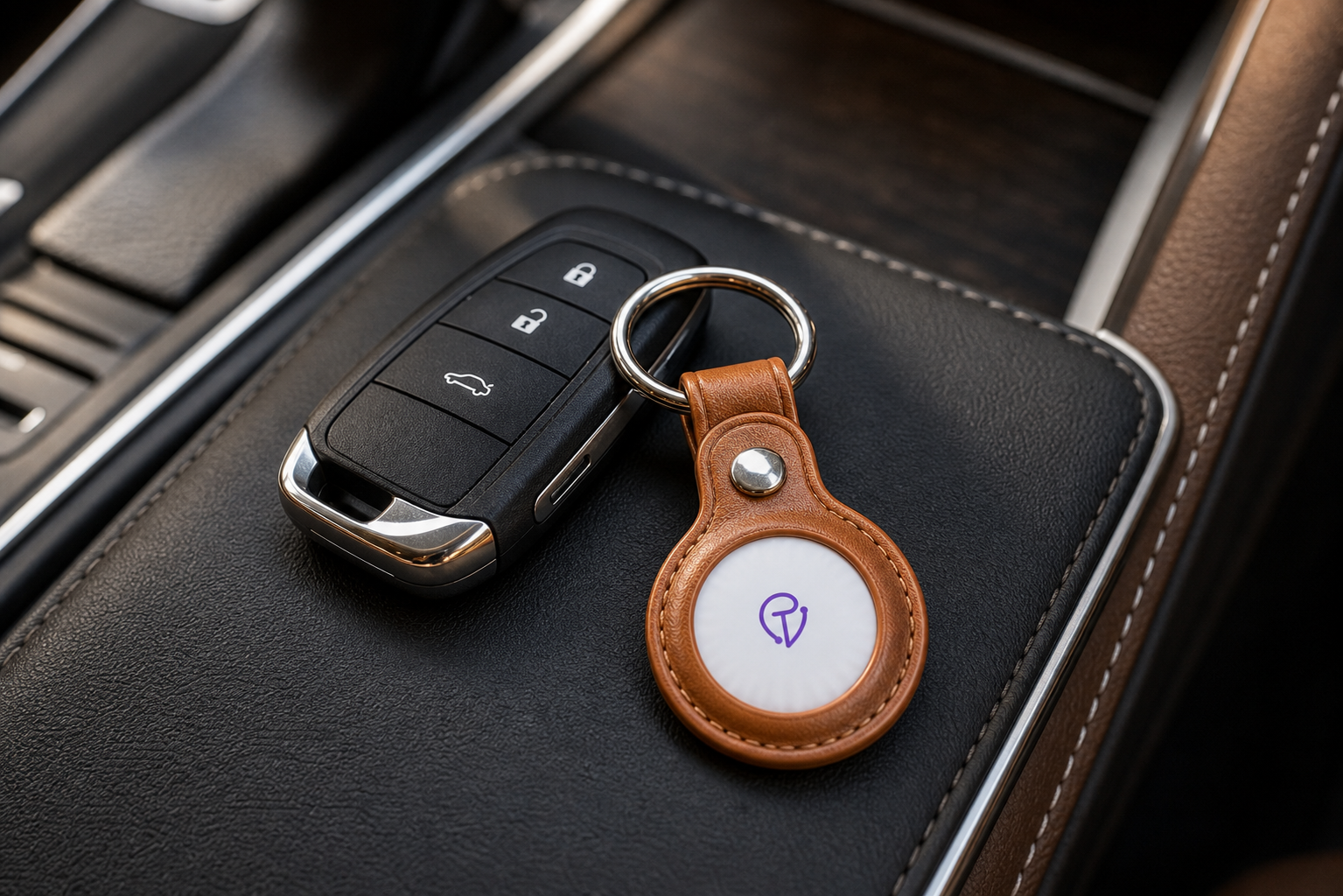 Tracker Mist fob on a key ring next to a flip car key