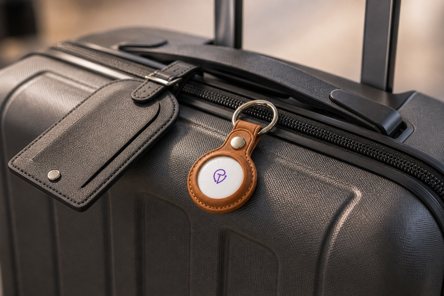 Close-up of a Tracker Mist fob on a hard-shell checked suitcase