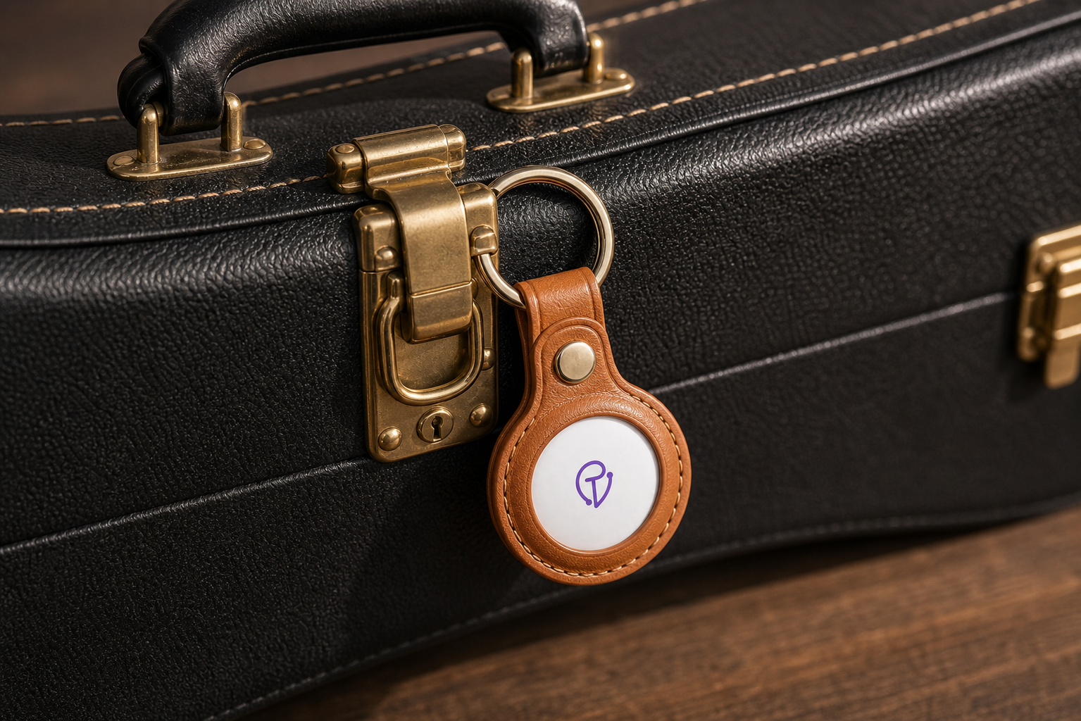 Close-up of a Tracker Mist fob clipped to an instrument case latch