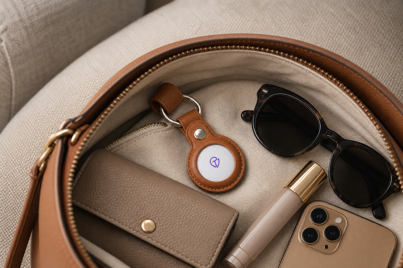 Close-up of a Tracker Mist fob clipped to a leather purse strap