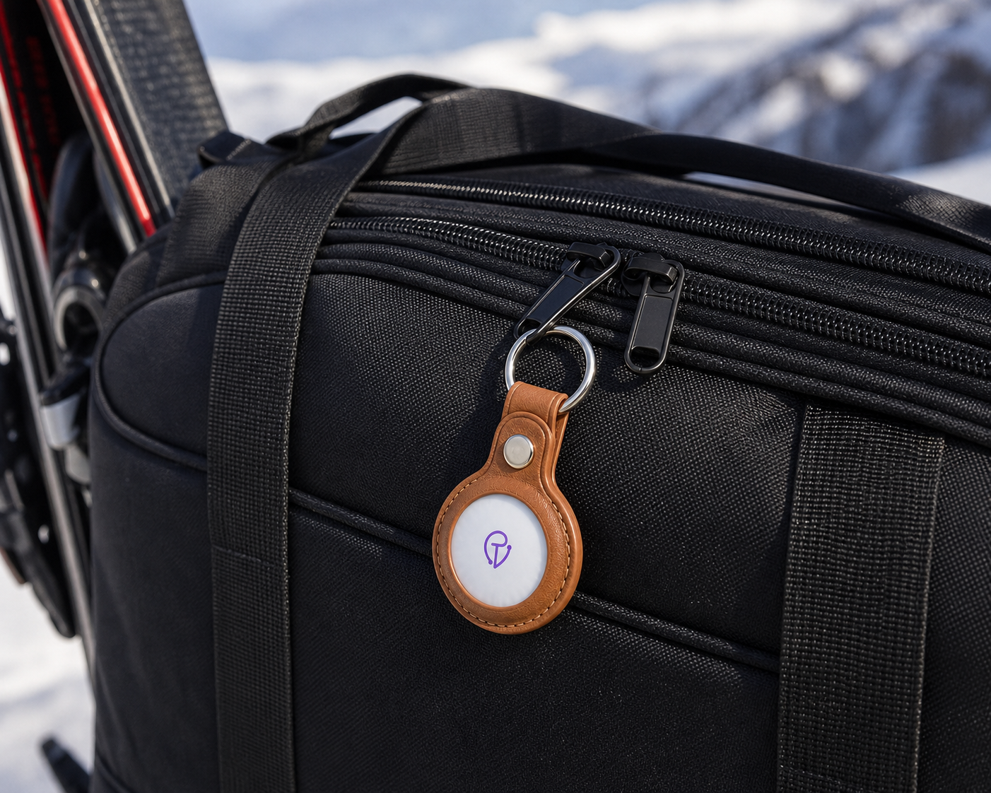 Close-up of a Tracker Mist fob on a ski bag strap in a resort chalet