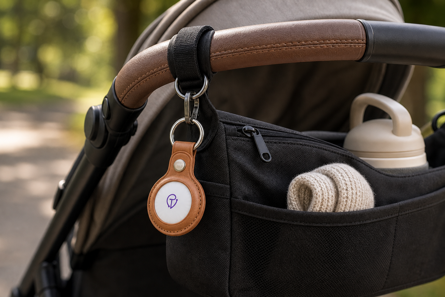 Tracker Mist fob clipped to a stroller frame in an airport terminal