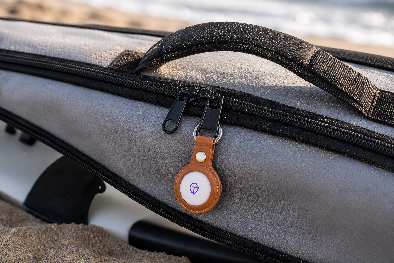 Close-up of a Tracker Mist fob on a surfboard bag carry handle