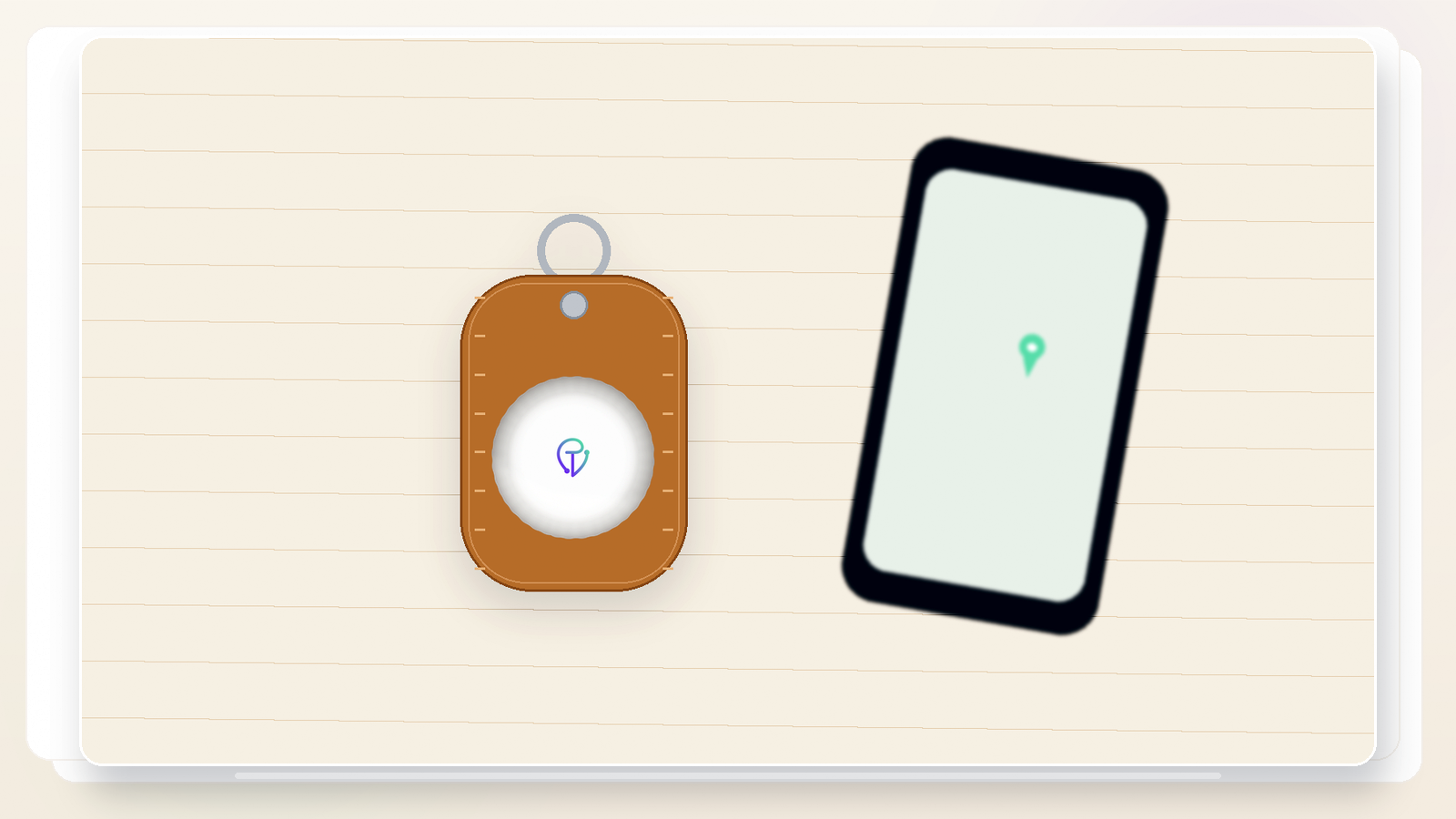 Product shot of Tracker Mist on a keyring with the Find My map behind it, badged Bluetooth, Apple Find My, No subscription