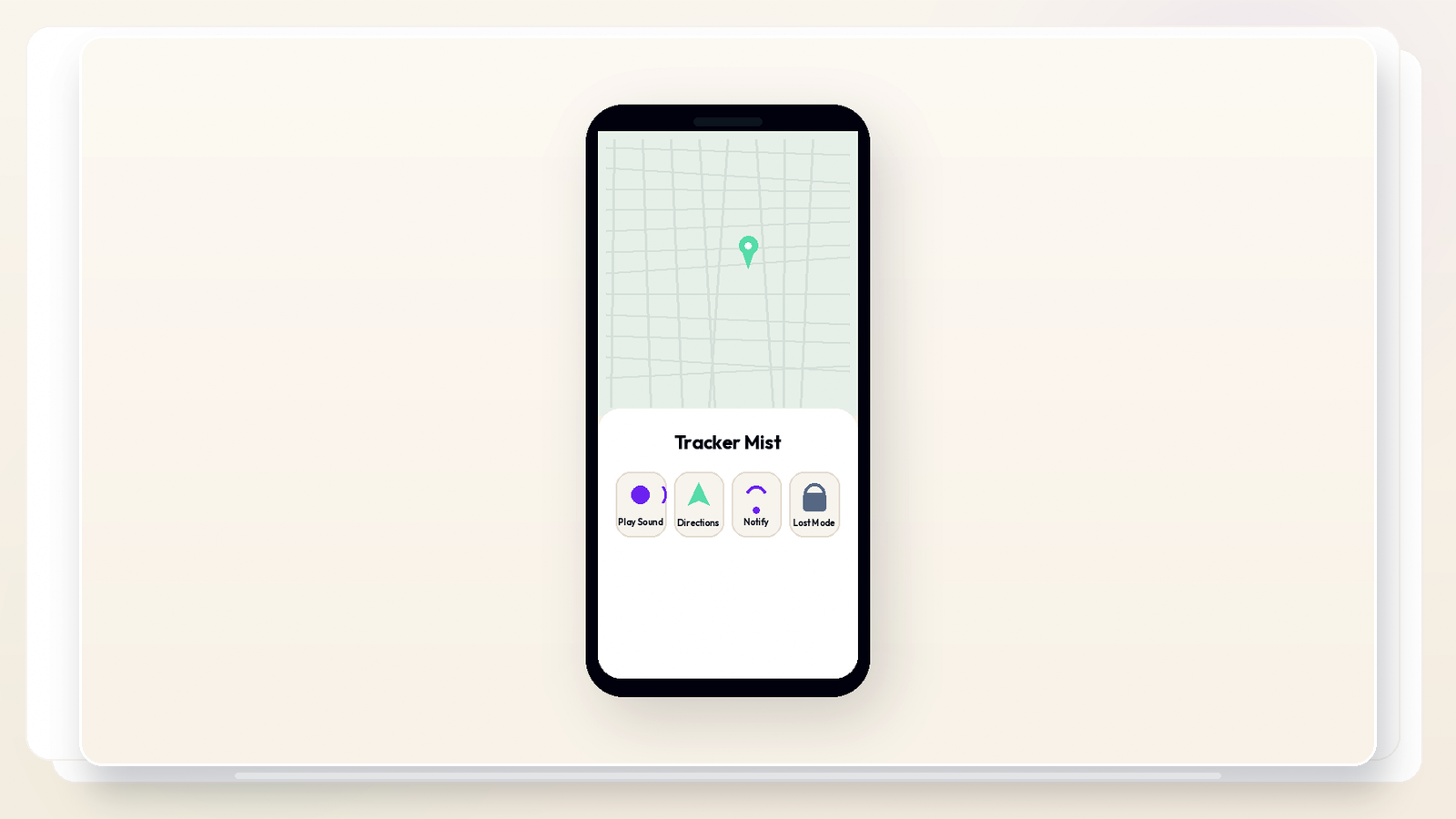 Find My detail screen for a Tracker Mist item showing the map plus the action row with Play Sound, Directions, Notify When Found, and Lost Mode