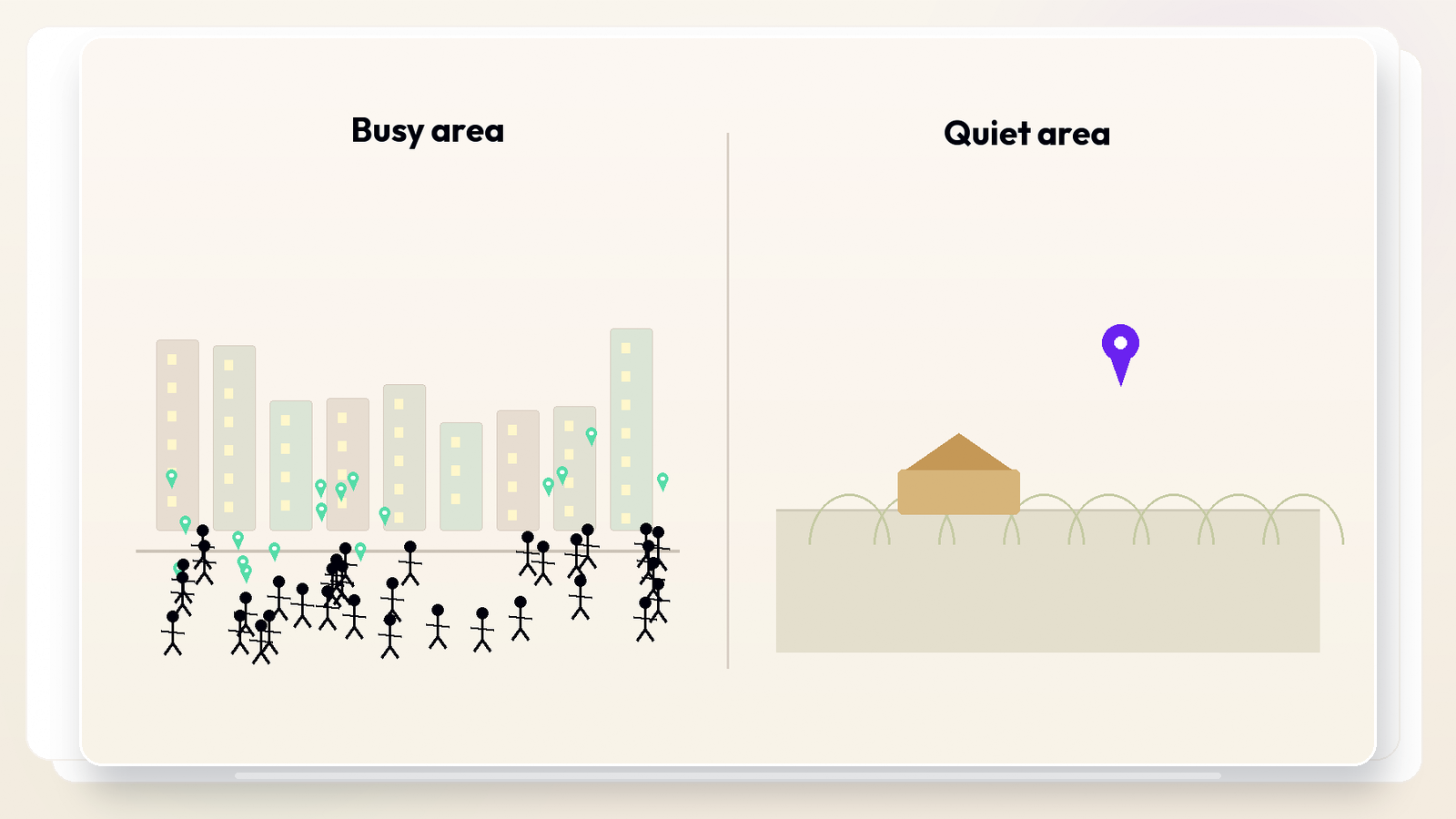 Split scene: dense city street with many phones giving frequent location updates vs an empty rural field with stale last-seen