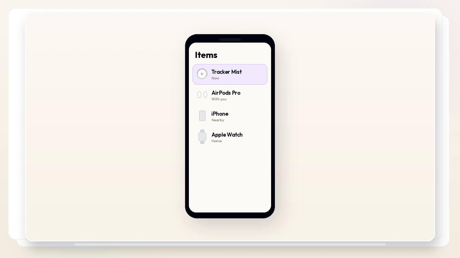 Screenshot of the Find My app Items tab showing Tracker Mist listed alongside AirPods, iPhone and Apple Watch