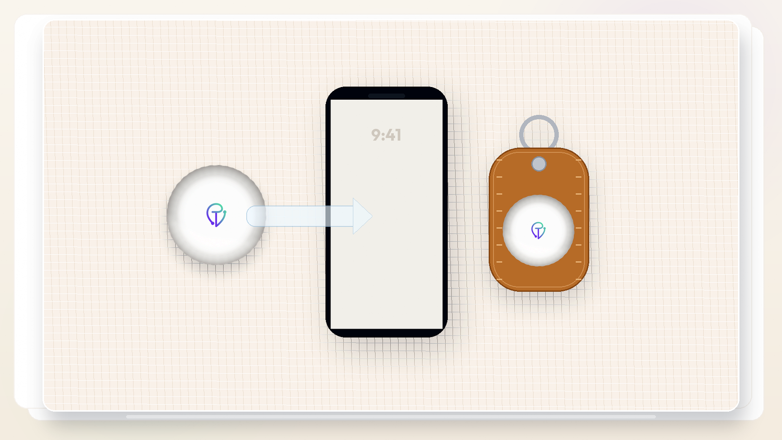 Flat-lay of everything needed before setup: a Tracker Mist with battery tab highlighted, an iPhone, and the included key-ring case