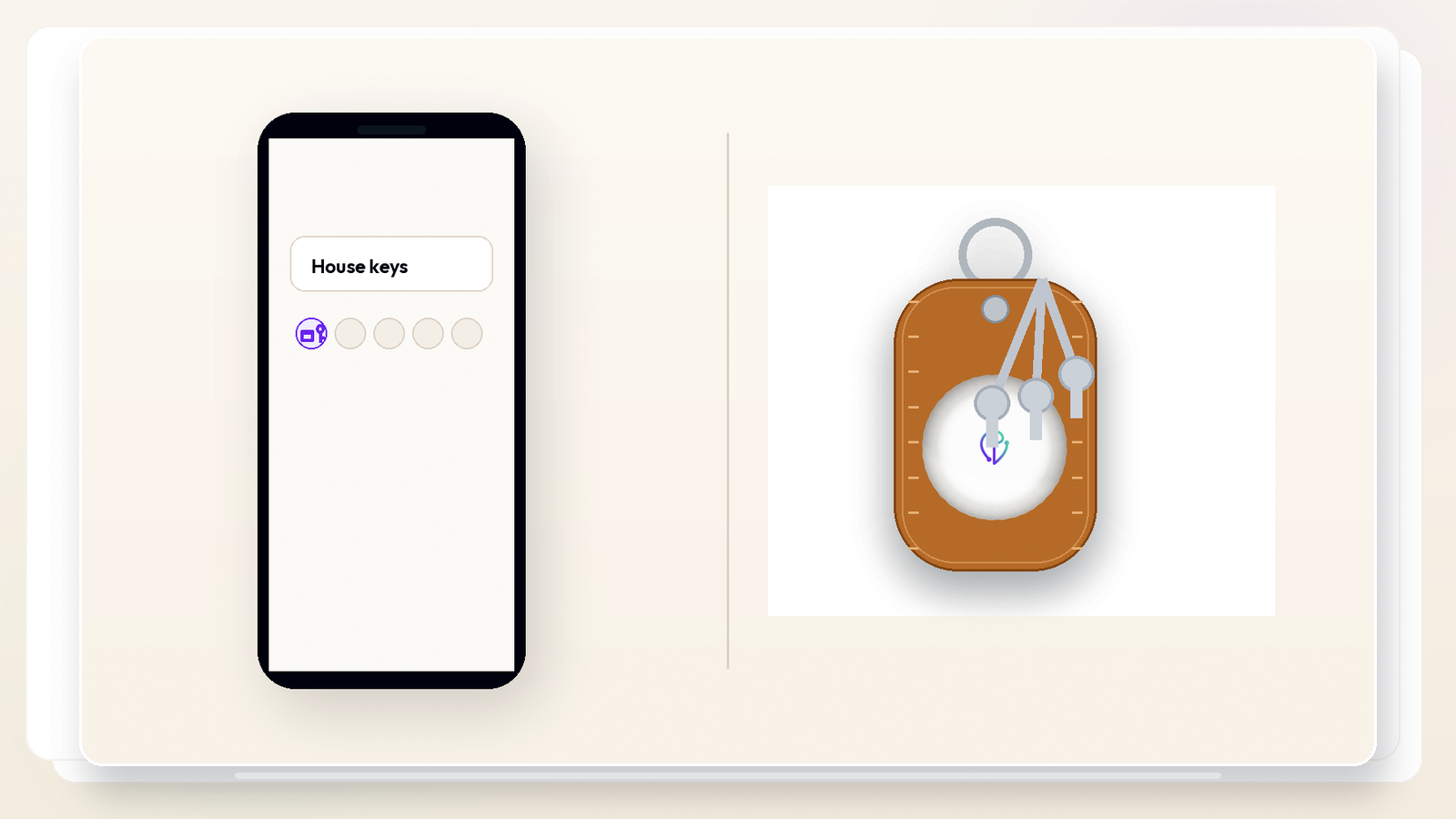 Two-up: the Find My naming screen beside the tracker in its key-ring case clipped to actual keys