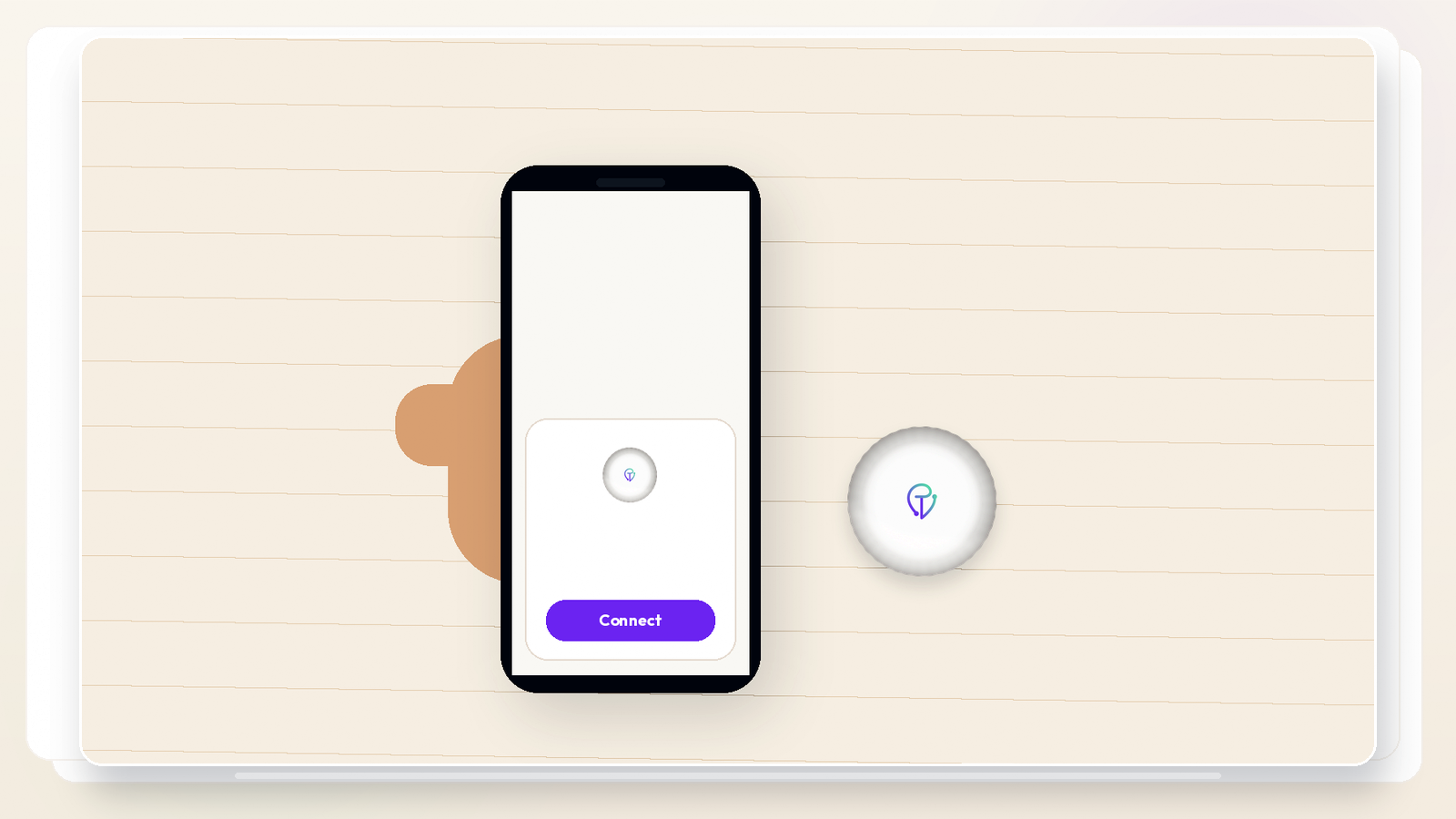 Hand holding the tracker a few inches from an iPhone with the automatic Connect card sliding up on screen