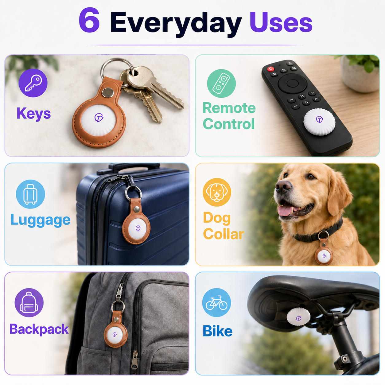 6 everyday uses — keys, remote, luggage, dog collar, backpack, bike