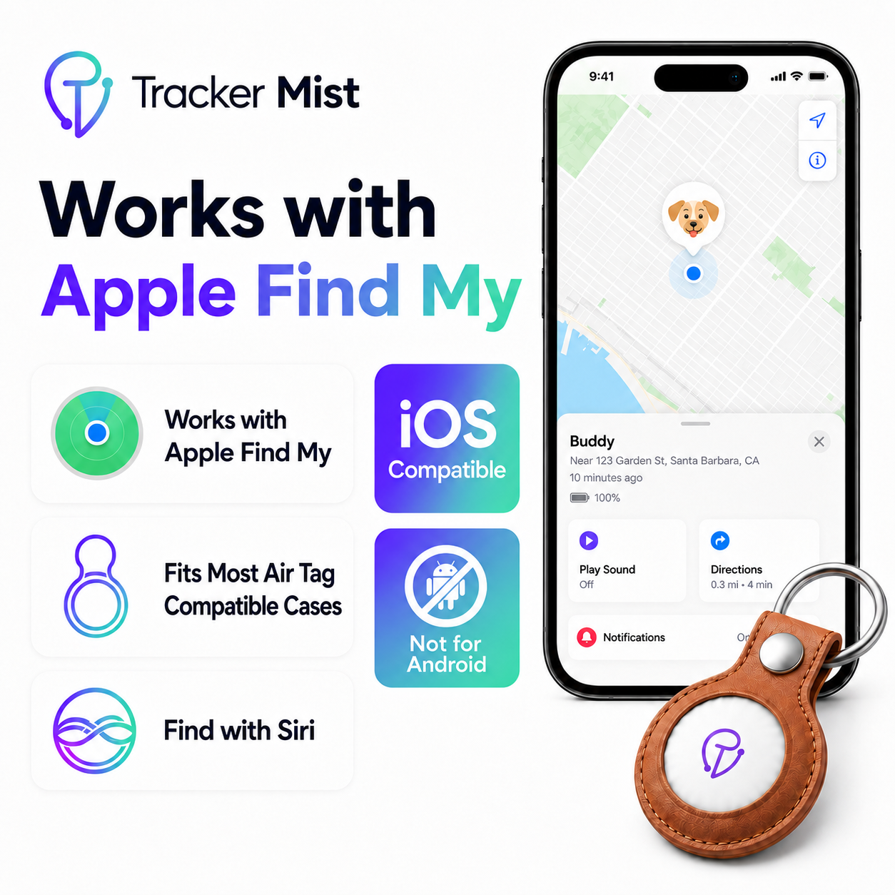Works with Apple Find My — iOS compatible, fits AirTag cases, works with Siri