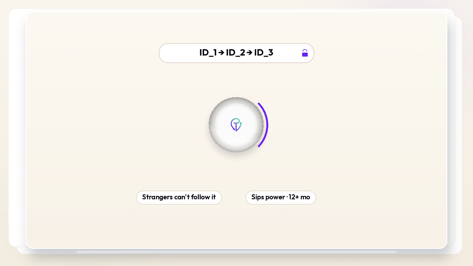 BLE beacon diagram showing a tag broadcasting rotating encrypted identifiers with a lock icon