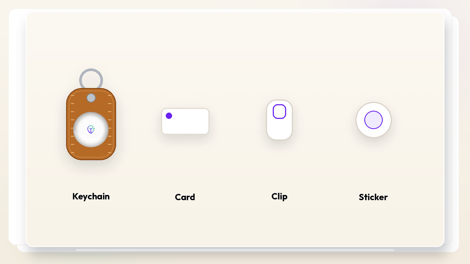 Form-factor lineup: keychain fob, card, clip, and adhesive sticker