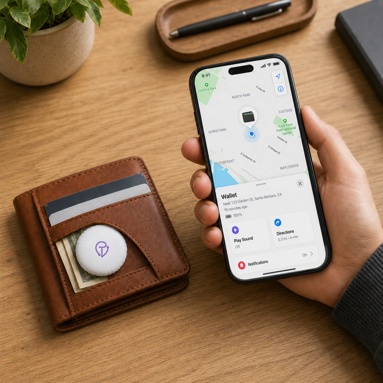 A hand holding an iPhone showing a wallet's location in Find My next to a leather wallet