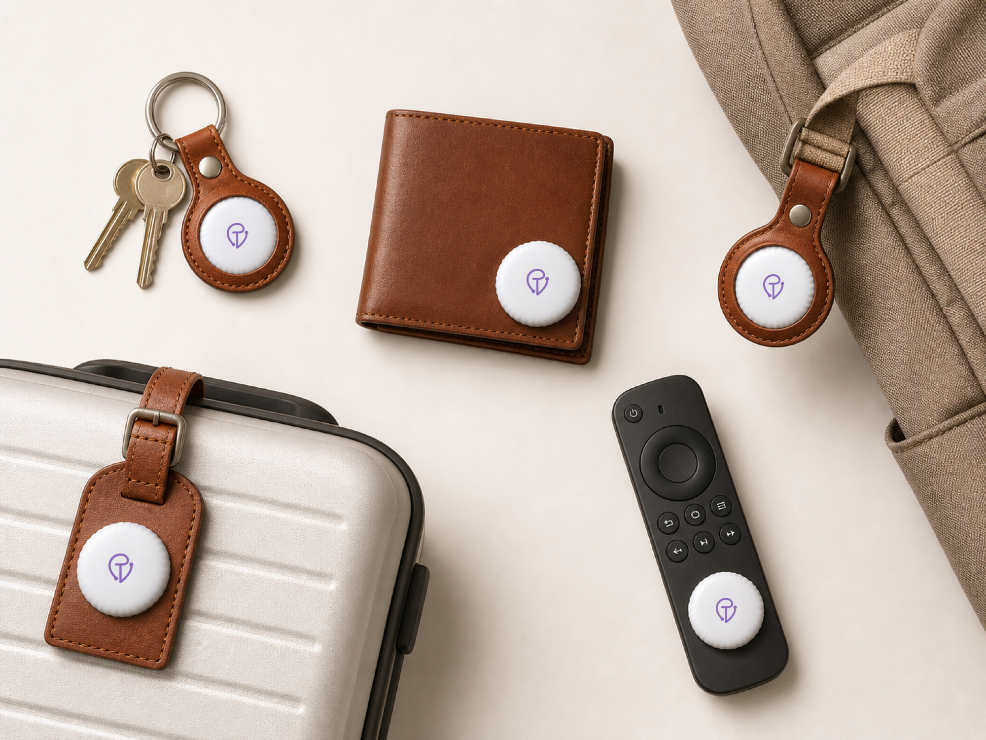 Keys, wallet, backpack, suitcase and remote each tagged with a Tracker Mist