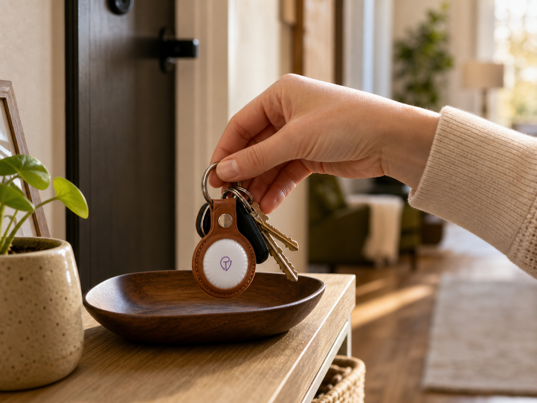 A hand setting down keys with a Tracker Mist fob by the door