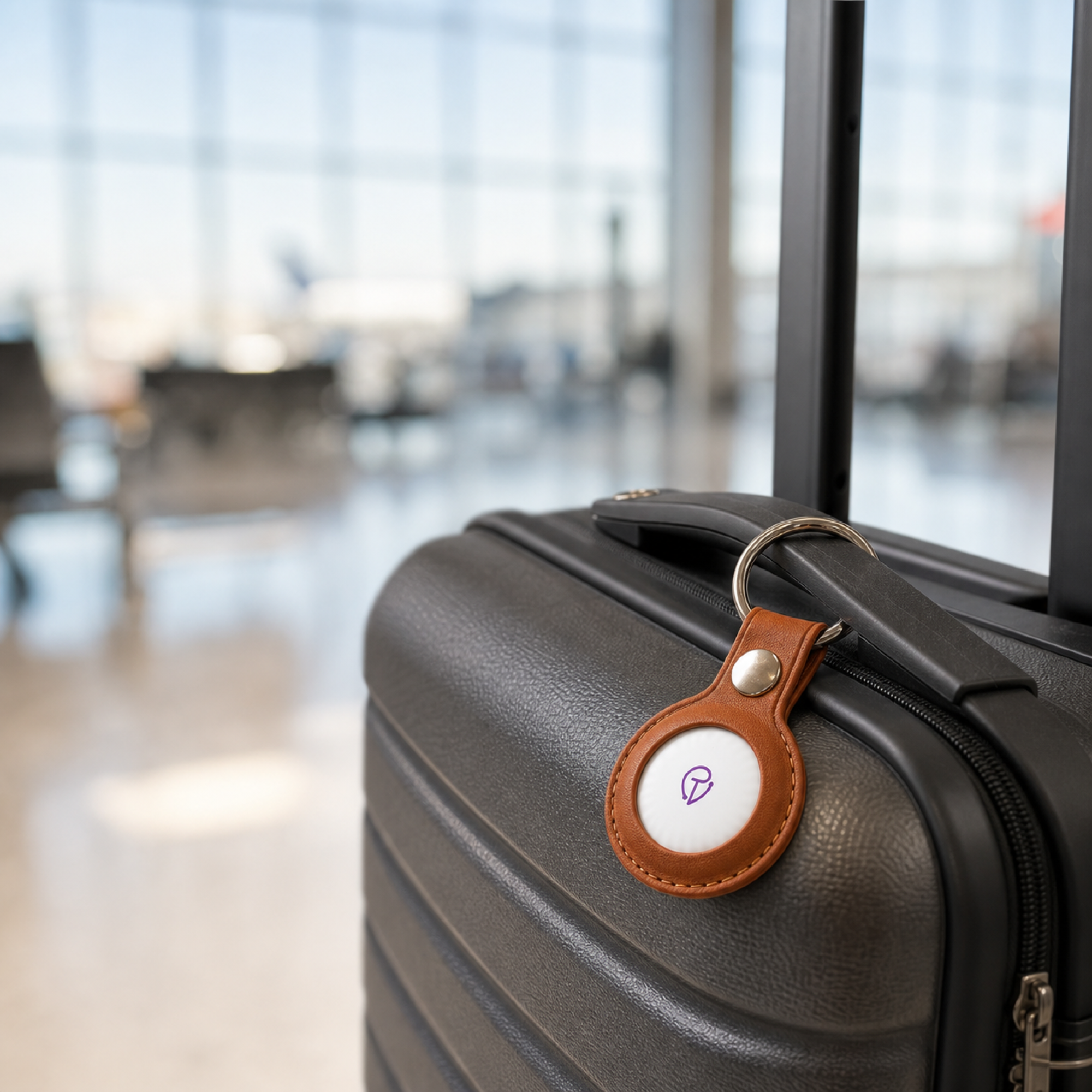Tracker Mist clipped to a suitcase handle at an airport