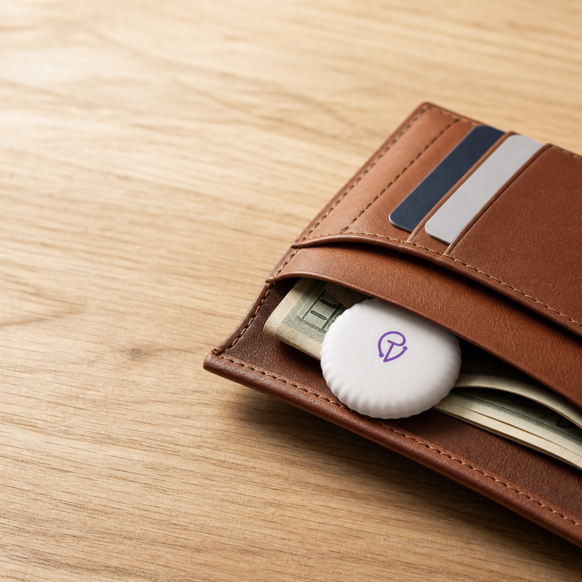 A Tracker Mist tucked into a leather bifold wallet