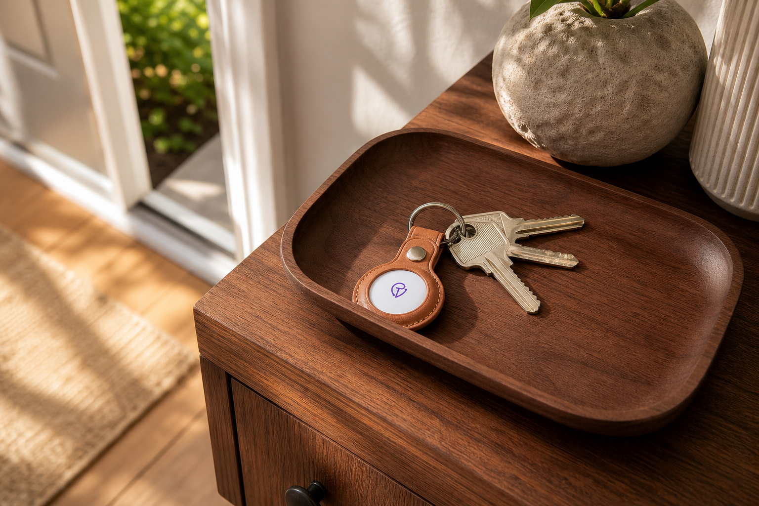 Case on house keys in an entryway tray