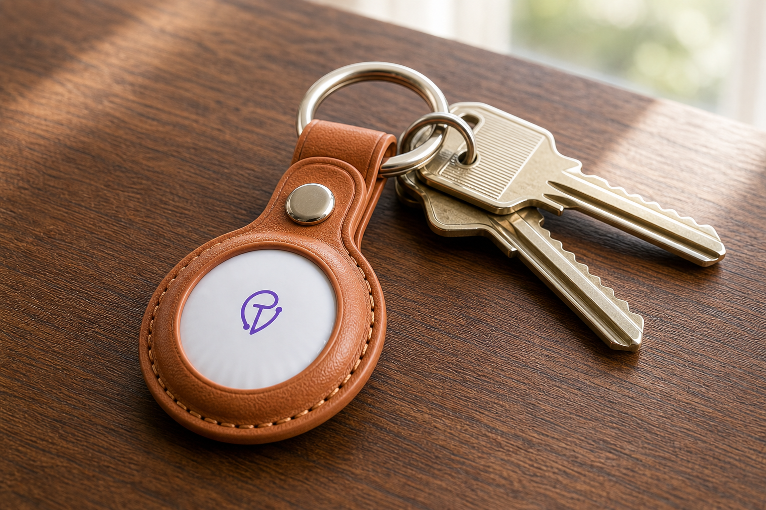 Leather AirTag case on a set of keys, metal snap visible