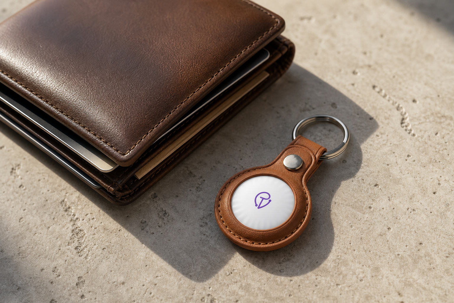 Leather AirTag case beside a wallet