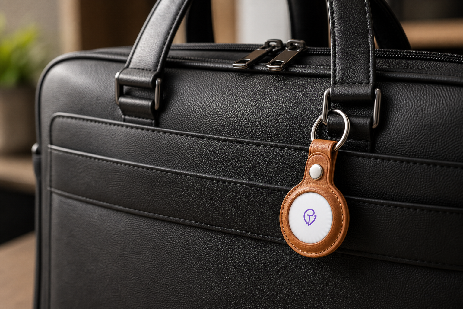 Slim leather case hanging from a laptop bag