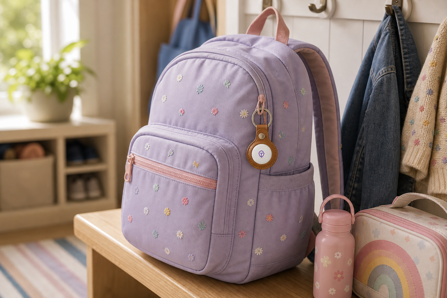 Case clipped to a child's backpack in a mudroom