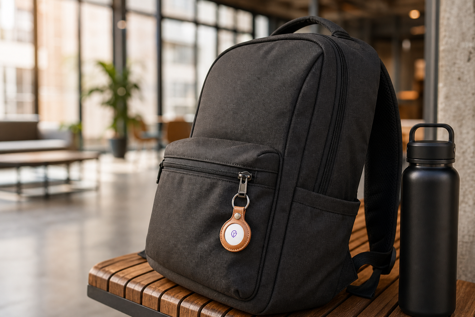 Tracker Mist key-ring fob clipped to a black backpack on a bench