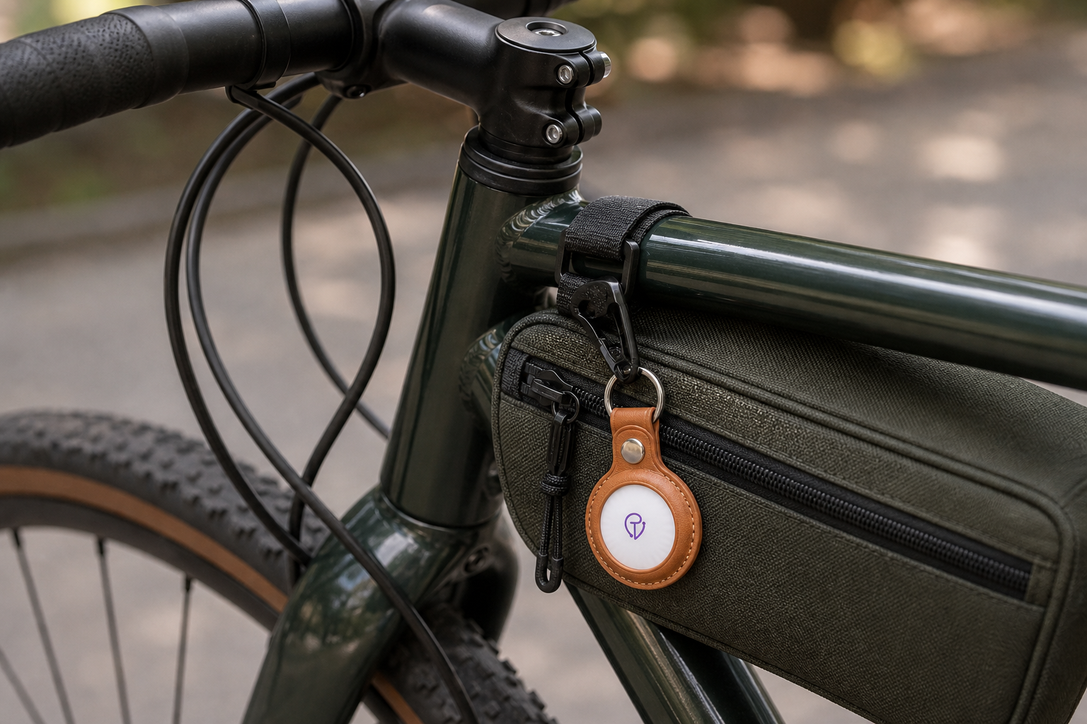 Tracker Mist clipped to a frame bag on a green gravel bike