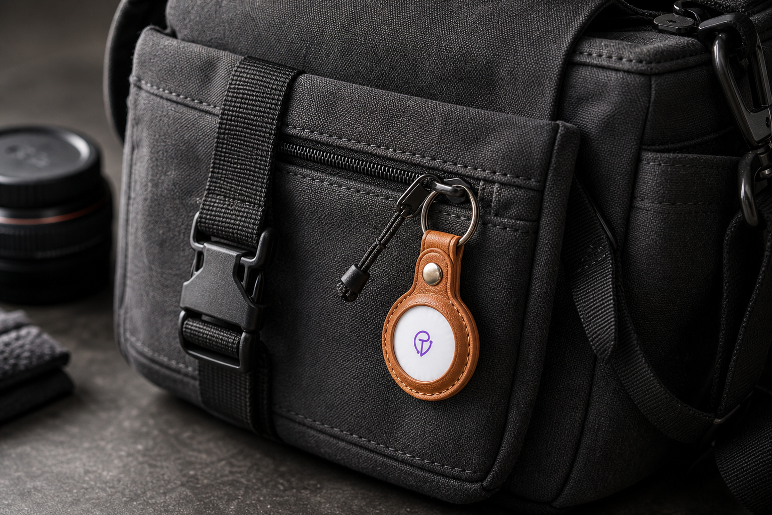 Close-up of a Tracker Mist fob clipped to a camera bag strap