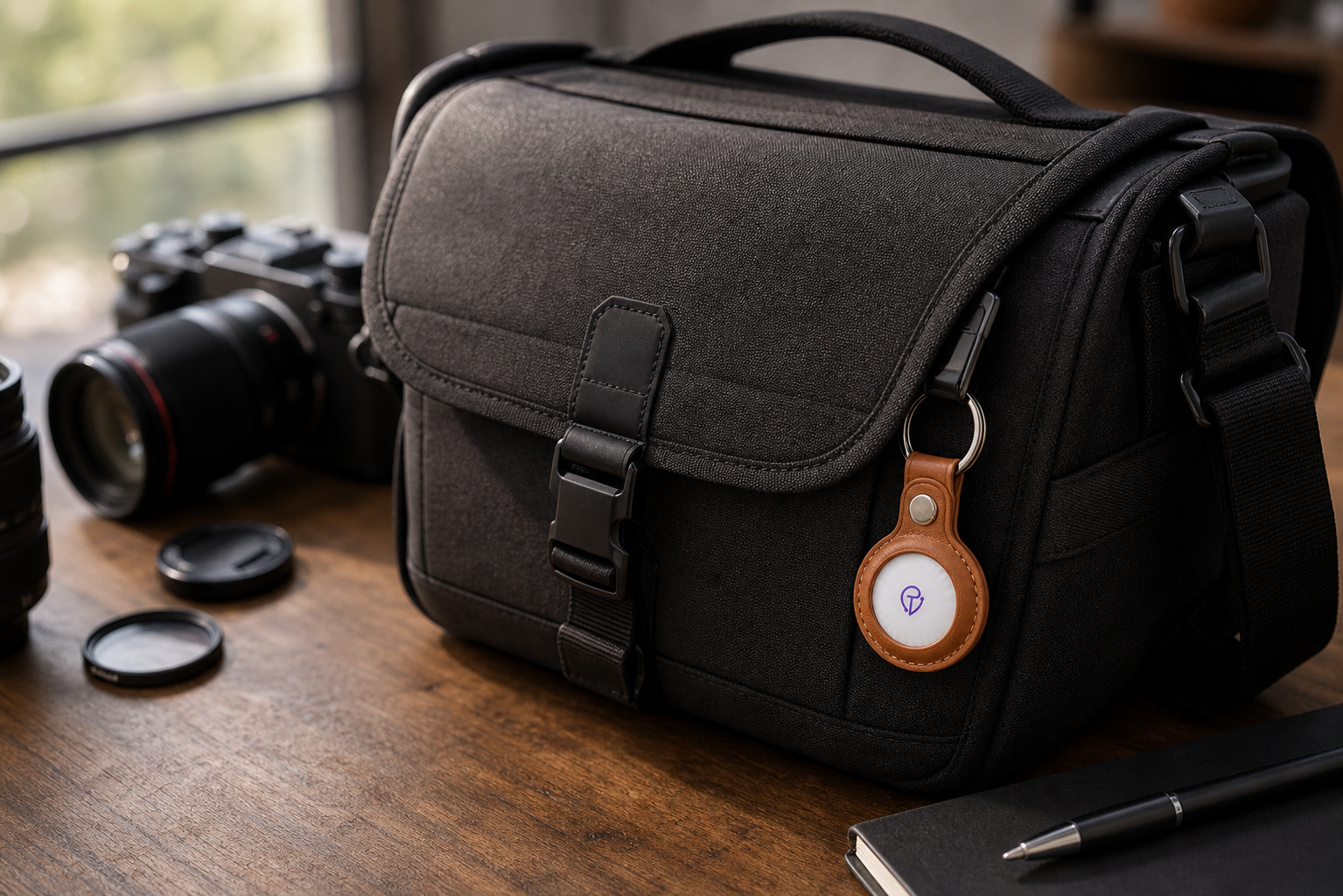 Tracker Mist fob on a black camera bag beside a camera and lenses