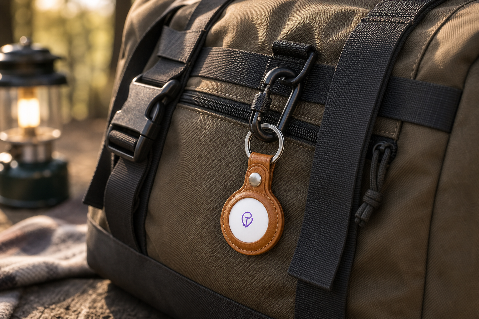 Tracker Mist on a carabiner clipped to an olive duffel bag