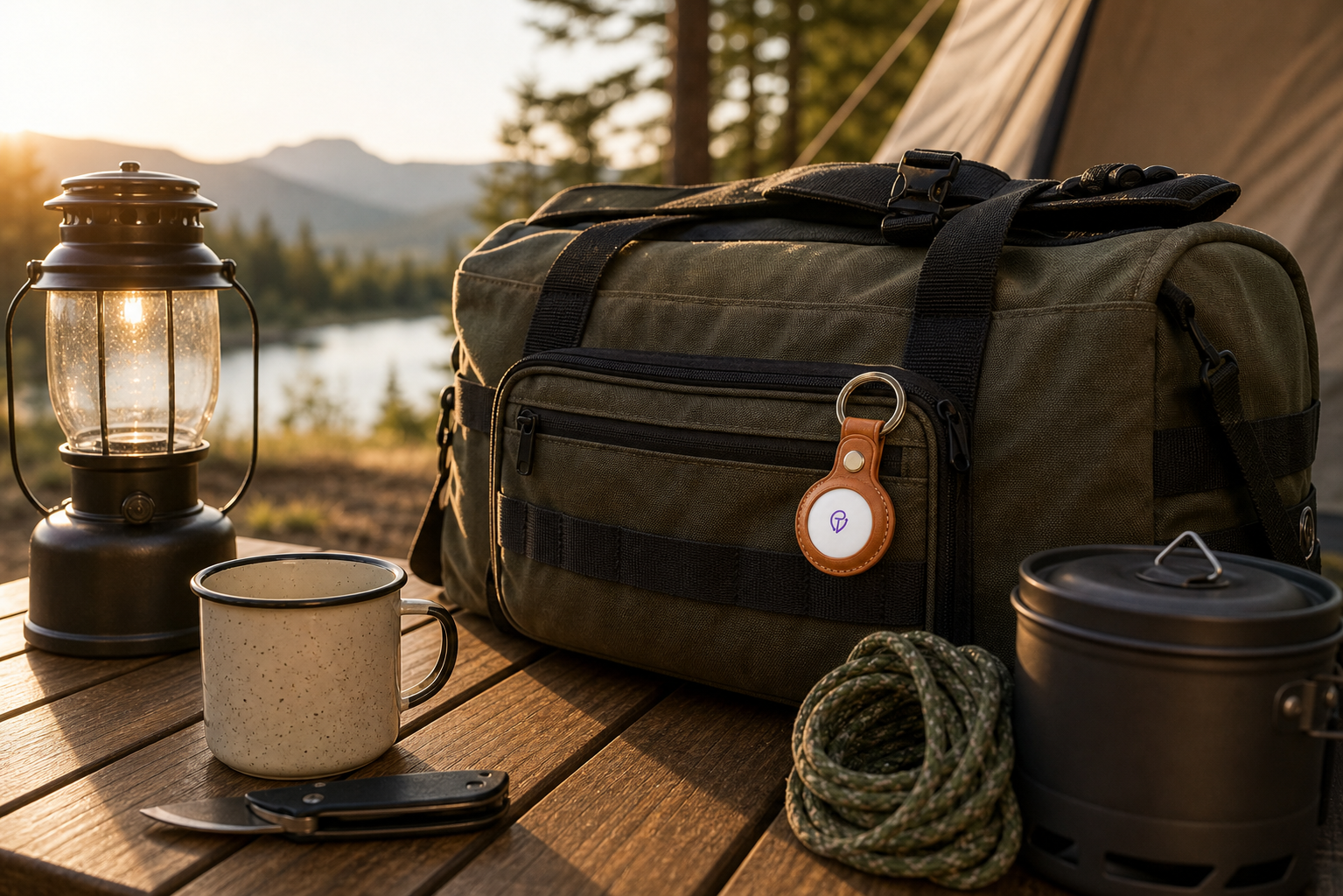 Tracker Mist fob on an olive duffel bag at a campsite at sunset