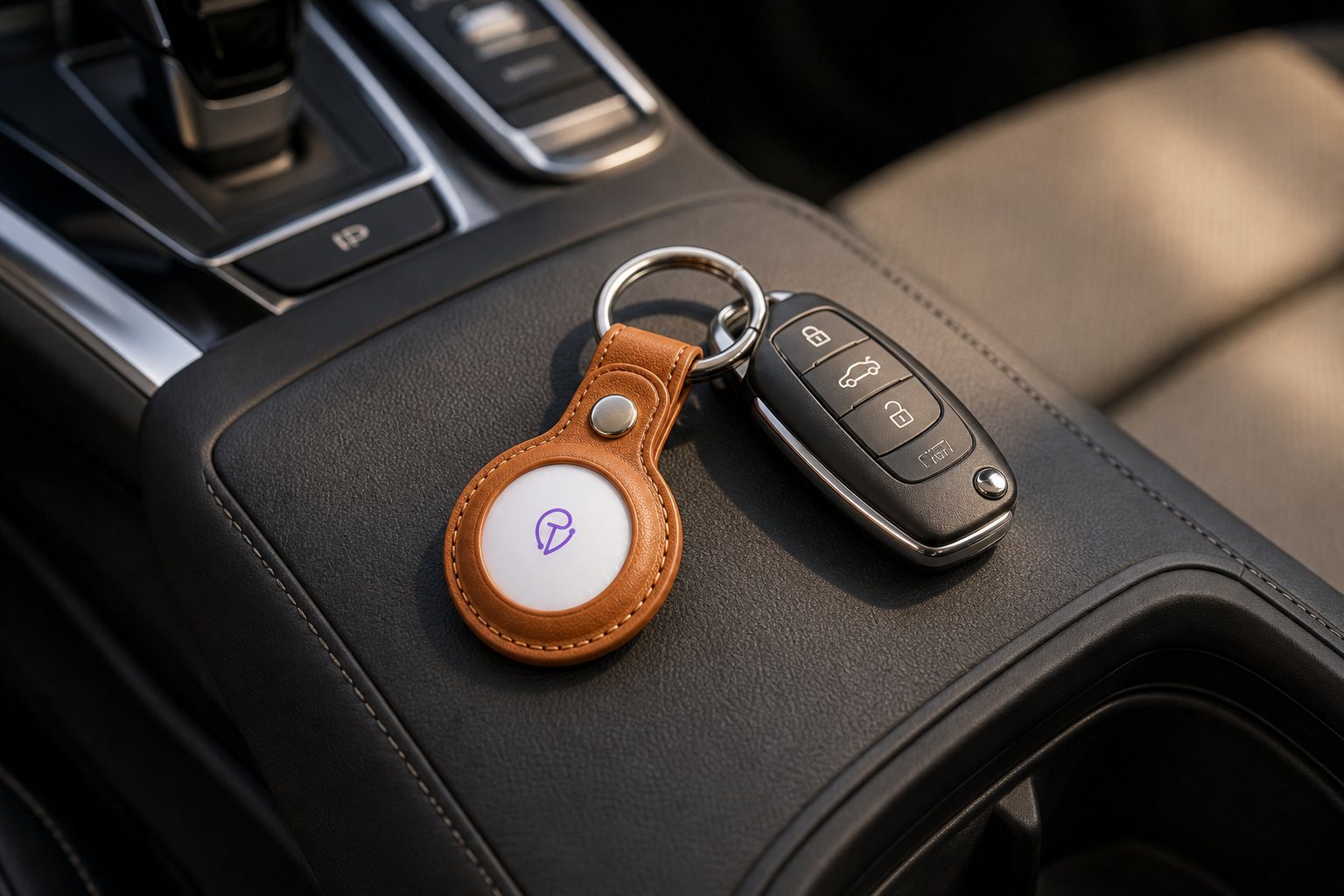 Tracker Mist leather fob beside a car key fob on a car console