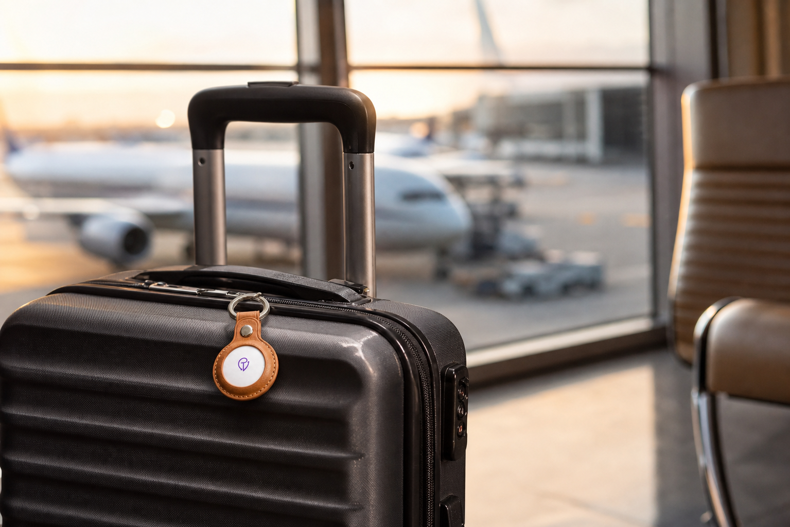 Tracker Mist fob on a hard-shell carry-on at an airport gate