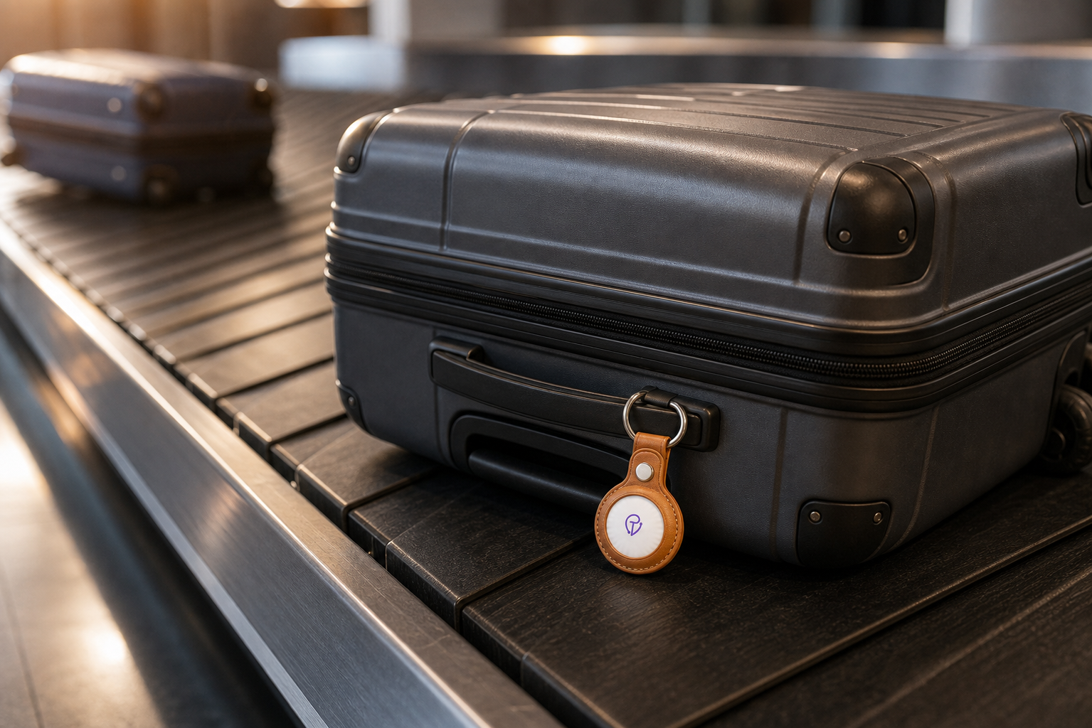 A suitcase with a Tracker Mist fob on the baggage carousel