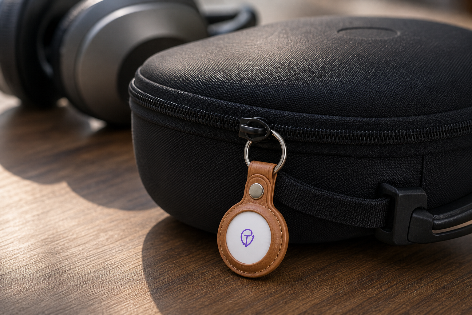 Tracker Mist fob on a headphones case zipper on an airport seat