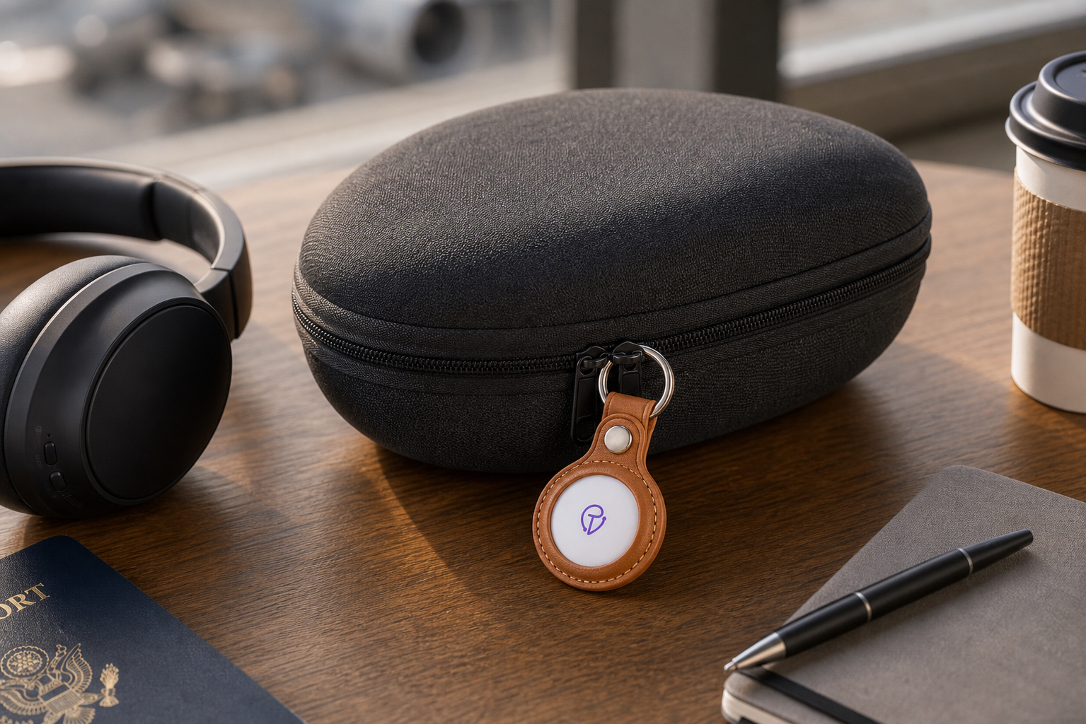 Tracker Mist fob beside a headphones case, passport and coffee on a desk