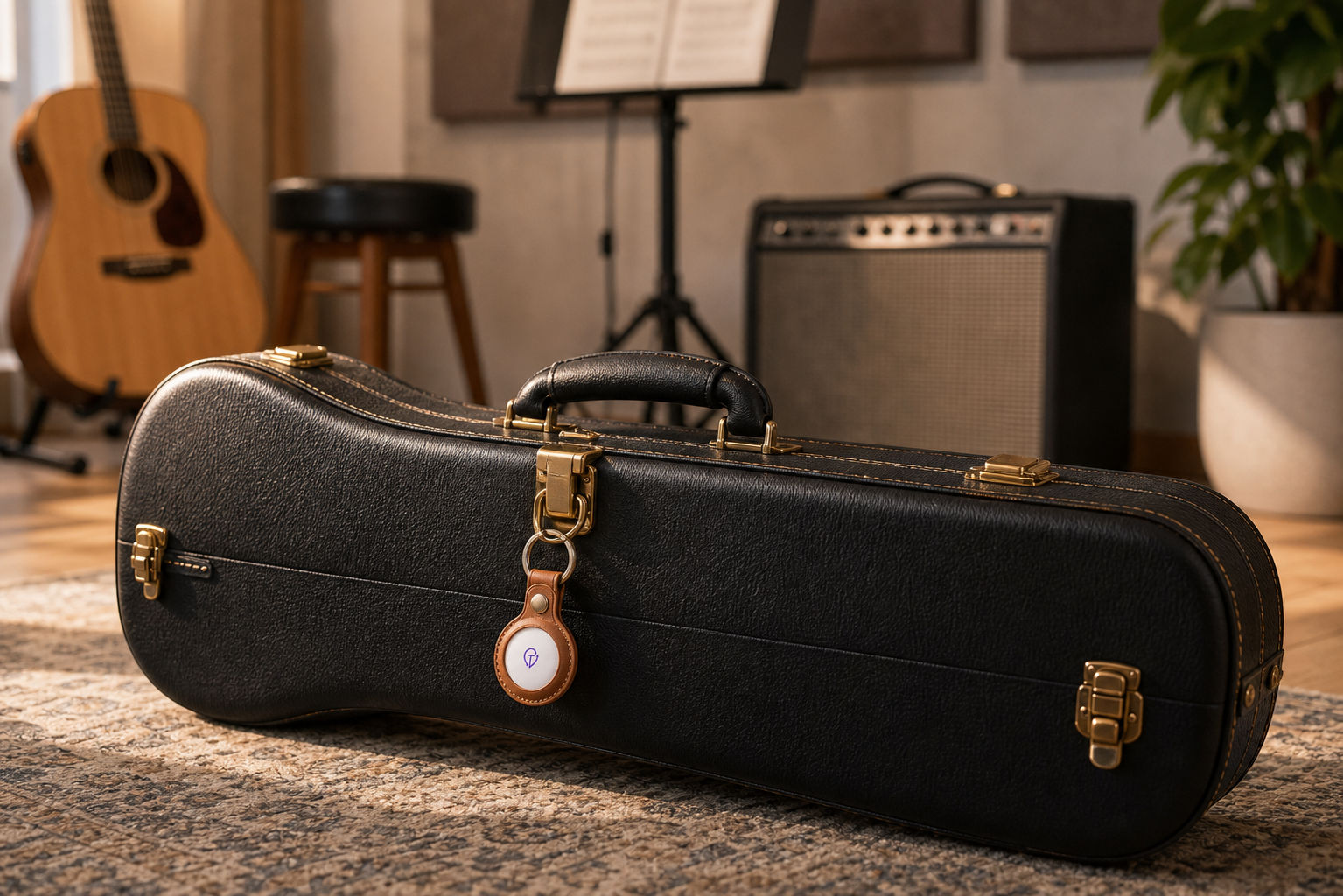 A hard instrument case with a Tracker Mist fob in a rehearsal room with a guitar and amp