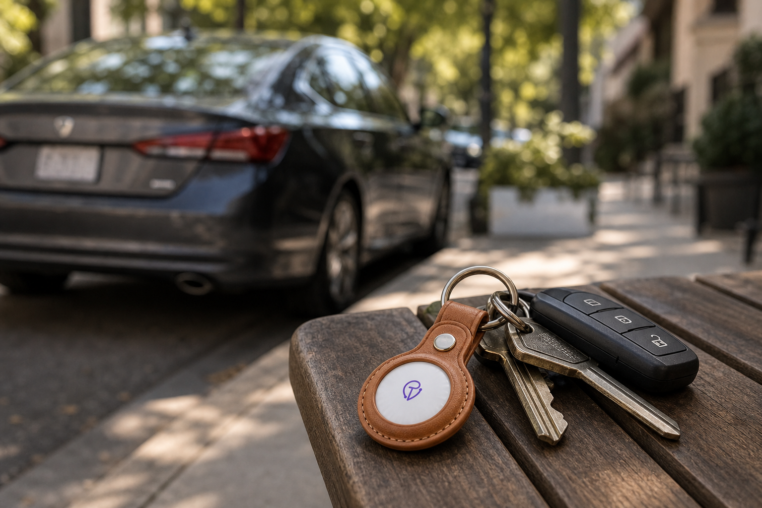 A Tracker Mist fob and car key on a bench with a car parked on the street behind