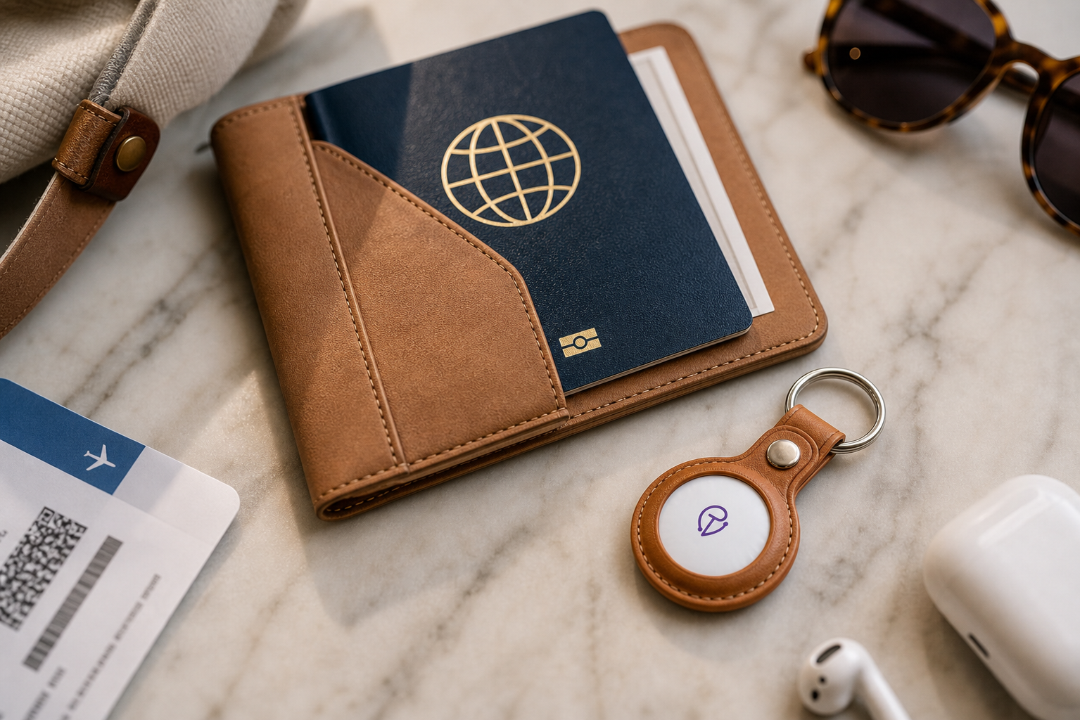 Tracker Mist fob clipped to a leather passport holder at an airport