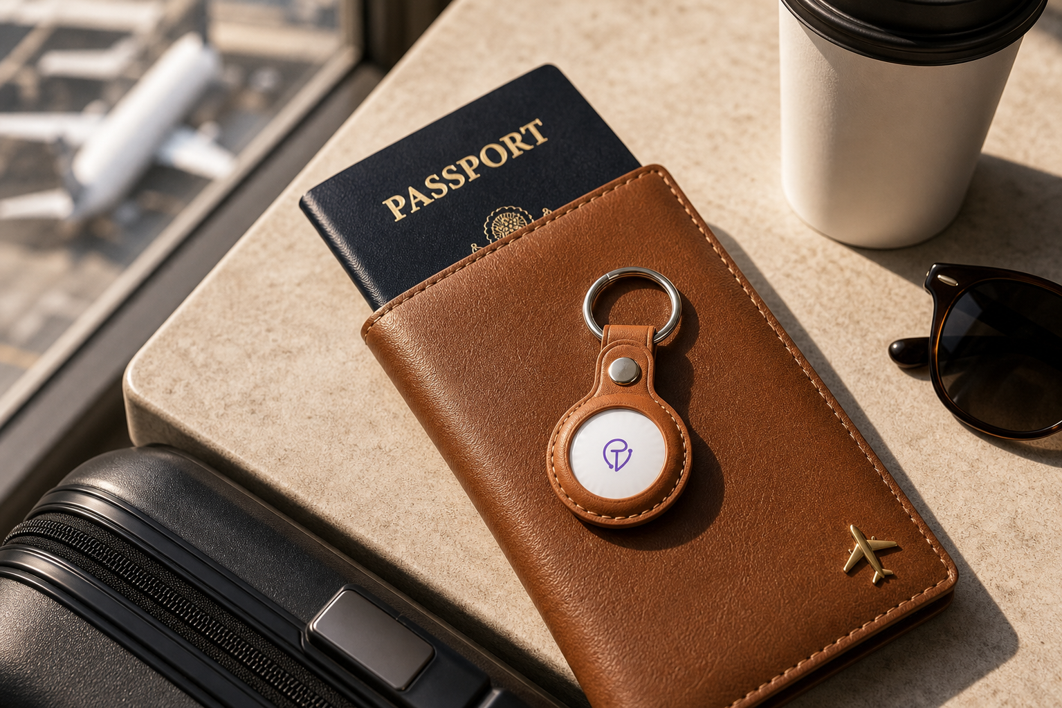 A leather passport holder with a Tracker Mist fob and a passport at an airport window