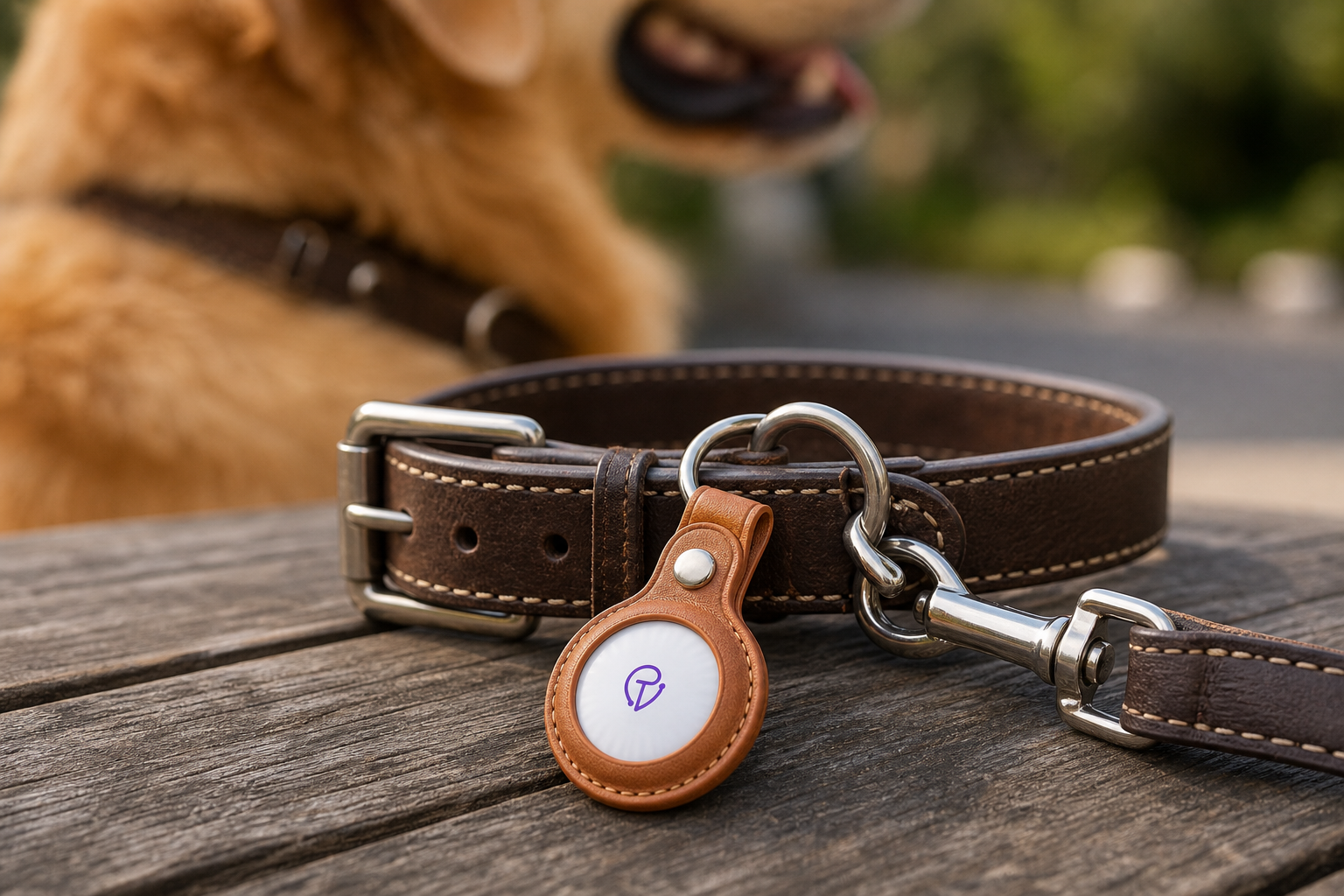 Close-up of a Tracker Mist leather fob on a dog collar