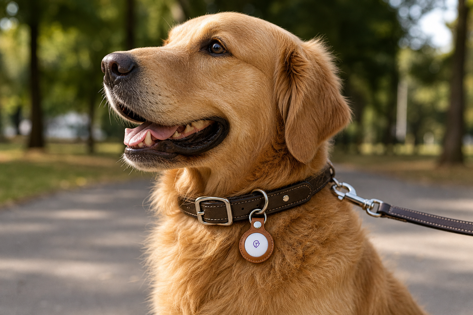 A golden retriever wearing a collar with a Tracker Mist leather fob