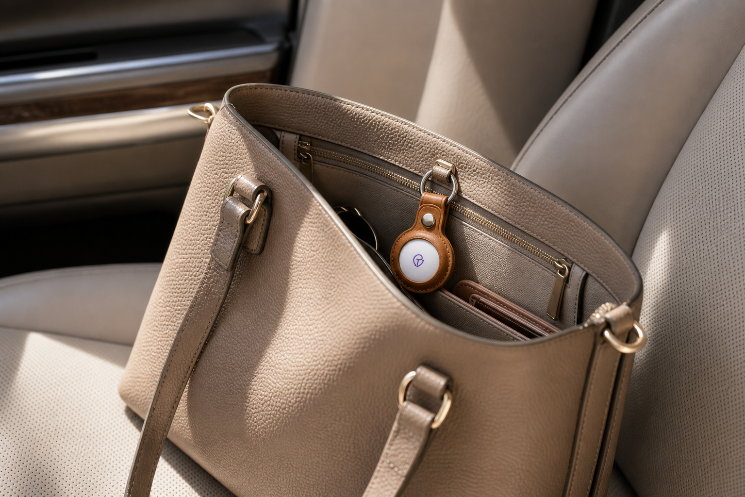 A Tracker Mist fob clipped inside a leather tote bag on a car seat