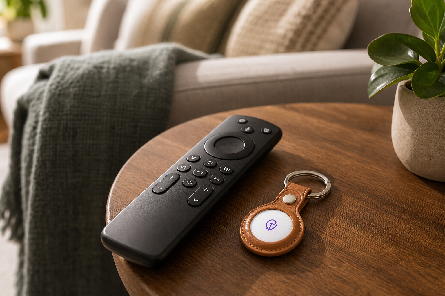 Tracker Mist leather fob beside a TV remote on a living-room side table