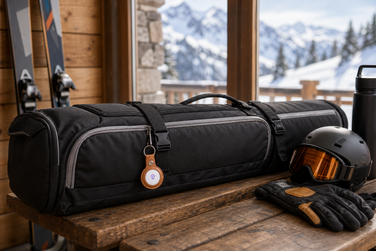 A black ski bag with a Tracker Mist fob on a chalet bench beside a helmet and goggles